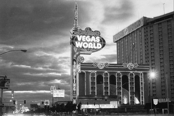 Black and white image of the Vegas World hotel and casino